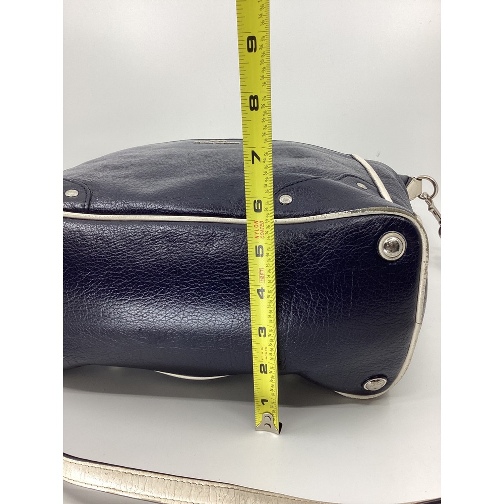 Coach Navy Blue Pebbled Leather Satchel Crossbody Bag White Trim Silver FLAWS - Picture 7 of 11